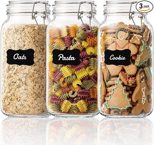 GOSCHE 78oz Glass Jars with Airtight Lids, 3 Pack Square Glass Storage Containers with Labels, Wide Mouth Borosilicate Glass Canisters, BPA-Free for Flour, Sugar, Rice, Pasta, Coffee