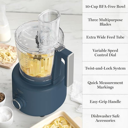 Martha Stewart Food Processor, 10-Cup Electric Chopper for Slicing, Shredding, Mincing and Puree, BPA-Free Twist & Lock Bowl, 3 Multipurpose Blades, Variable Speed Dial, Wide Feed Chute, Indigo Blue