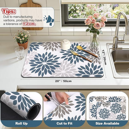 Findosom Floral Dish Drying Mat, 12" x 20" Super Absorbent & Hide Stain Coffee Mat, Cuttable Drying Mat for Kitchen Counter, Under Dish Rack, Coffee Maker, Espresso Machine, Blue