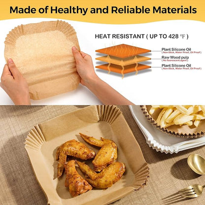Air Fryer Disposable Paper Liners - 125Pcs 6.5In Square Parchment Paper Non-Stick Airfryer Basket Liners for Steamer Microwave Oven