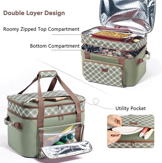 Double Layer Slow Cooker Carrier Bag for 6-8 Quart Oval CrockPot, Insulated Crock Pot Travel Bag with Top Zip Compartment and Front Pocket for Utensils