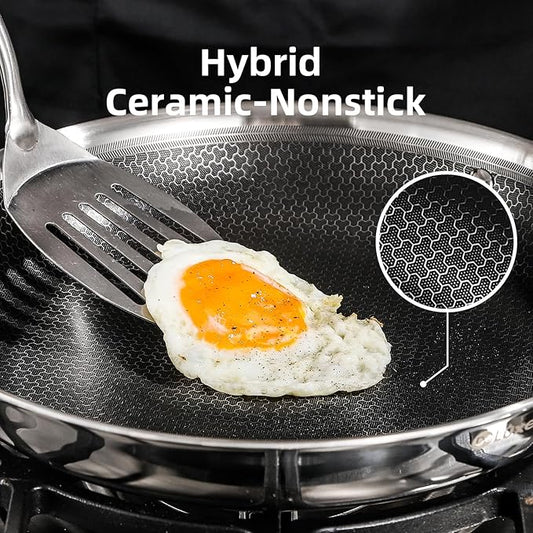 Deluxe 13 Piece Hybrid Ceramic Nonstick Stainless Steel Cookware Set-5 Piece Frying Pan Set, 6 PC Pot Set, 3.7QT Deep Sauté Pan&Lid, Induction Ready, Stay Cool, PFOA Free Compatible with All Cooktops