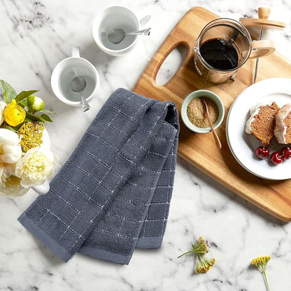Mordimy 100% Cotton Terry Cloth Kitchen Towels, Super Soft and Absorbent Dish Towels for Drying, Checkered Designed Hand Towels for Kitchen, 16 x 26 Inches, 6 Pack, Grey