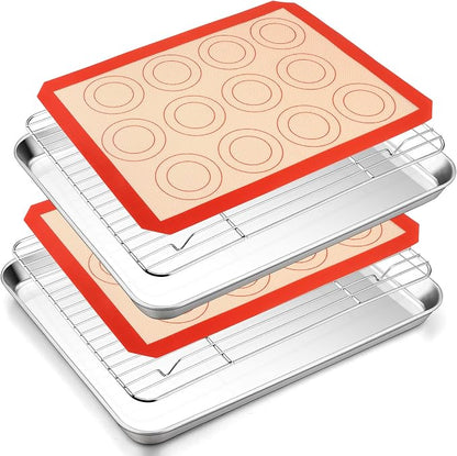 TeamFar Stainless Steel Baking Sheet, 16inch Baking Pans Cookie Sheets for Baking with Cooling Rack & Silicone Baking Mat - 2 Sheet Pans + 2 Roasting Racks + 2 Silicone Mats, Non Toxic, Easy Clean