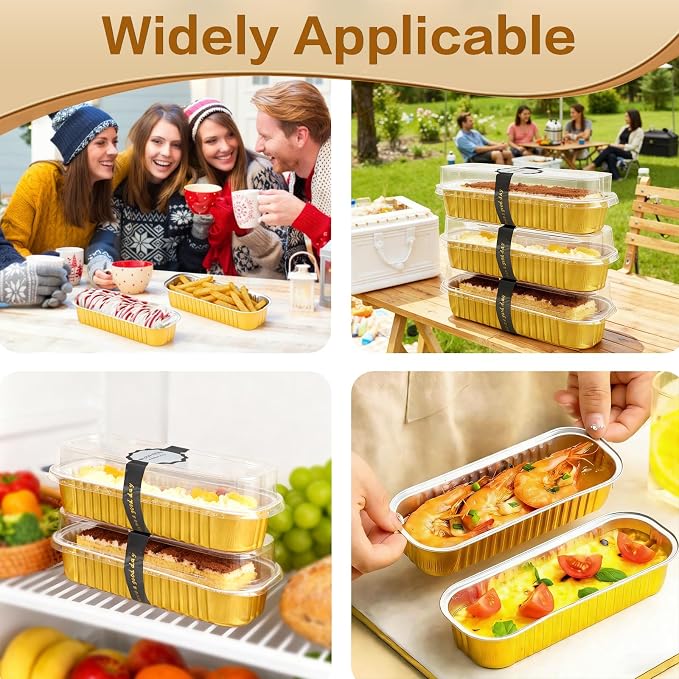 Mini Cake Pans With Lids And Spoons 50 Pack,6.8 oz Rectangle Mini individual Loaf Pans Disposable Aluminum Foil Small Baking Cups Tins (50, gold)