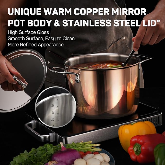 Ciwete Whole Tri-ply 18/10 Stainless Steel Cookware Set, 10 Pcs Elegant Copper Pots and Pans Set, Induction Cookware, Frying Pans, Saucepans & Stock Pot with Lid, Ideal Gift for Wedding, Housewarming