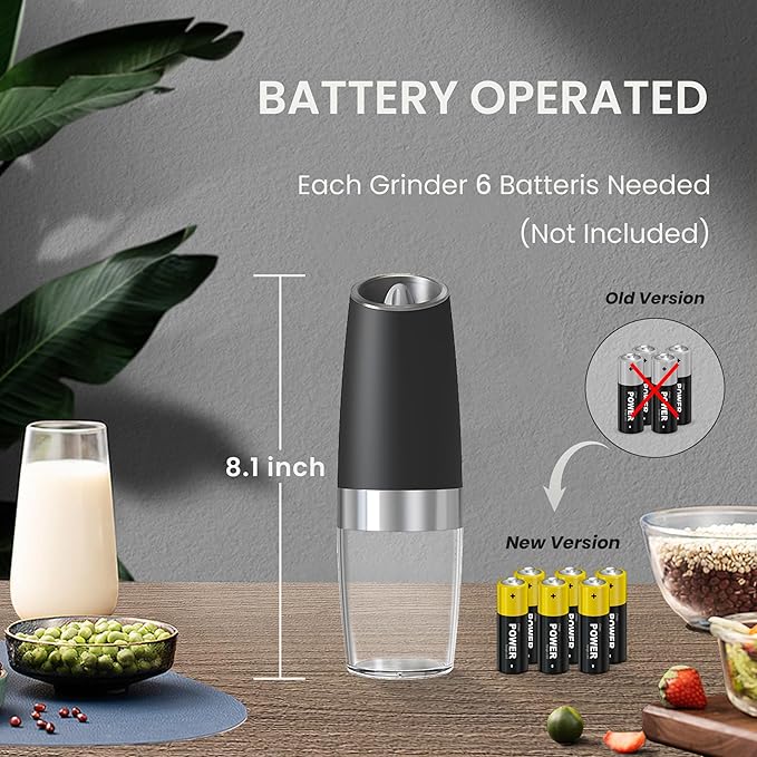 Battery Operated Salt And Pepper Grinder Set with LED Light, Automatic Electric Gravity Salt And Pepper Shakers Set, Each 6 AAA Batteries Needed, Adjustable Roughness, 2 Pack (Black)
