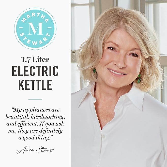 Martha Stewart Electric Kettle with Removable Stainless Steel Tea Infuser, Glass Carafe 1.7L (7 Cups), Hot Water Boiler, 4 Presets, Keep Warm & Auto Shut-Off, Cordless 360° Swivel Base, Honeydew Green