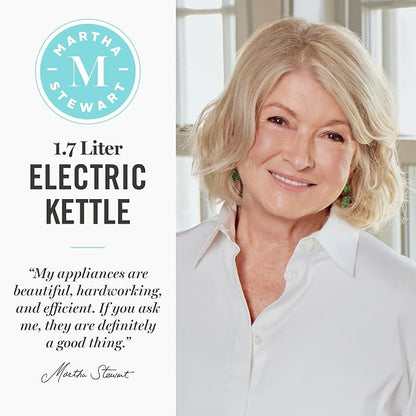 Martha Stewart Electric Kettle with Removable Stainless Steel Tea Infuser, Glass Carafe 1.7L (7 Cups), Hot Water Boiler, 4 Presets, Keep Warm & Auto Shut-Off, Cordless 360° Swivel Base, Linen Cream