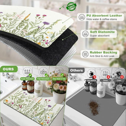LOKHOM Dish Drying Mat for Kitchen Counter, 12"x20" Absorbent Coffee Bar Mat with Spring Summer Herb Plant, Wildflower Floral Dish Drainer Rack Mat for Kitchen Counter