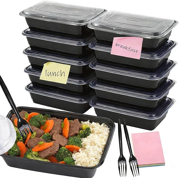12 Pack Meal Prep Containers 38oz Food Prep Containers with Lids Forks and Sticky Note for Food Safe Take Out Plastic Food Storage Dessert Containers Salad Containers