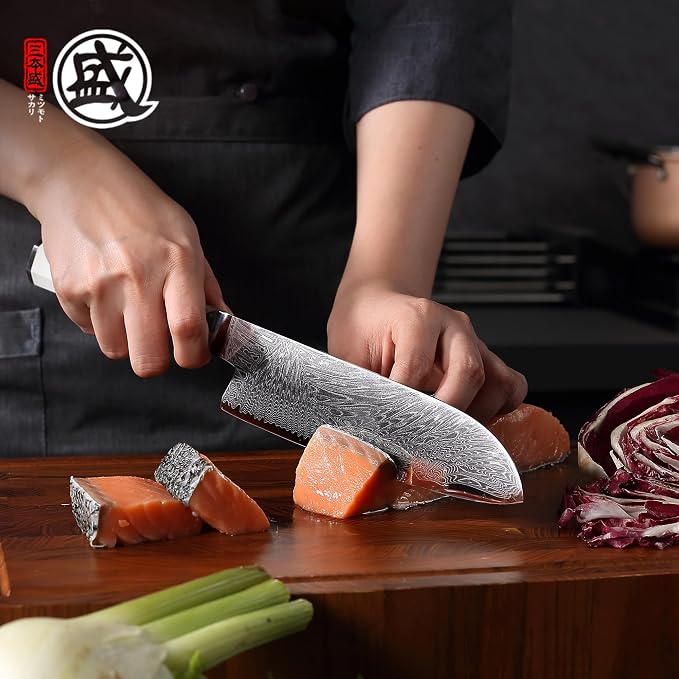 MITSUMOTO SAKARI 7-Inch VG-Pro Damascus Santoku Knife, Hand Forged Professional Japanese Chef Knife, Ergonomic G10 Handle & Sandalwood Box