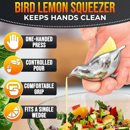 Lemon Squeezer Stainless Steel Manual Juicer – Press More Juice with Less Effort, Bird Lemon Squeezer with Pour Spout, Manual Lemon & Lime Press, Mess-Free Hand Juicer for Cocktails, Cooking & Drinks