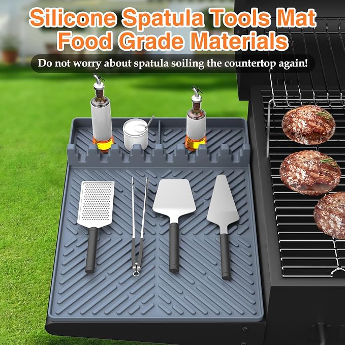 Silicone Griddle Tools - Spatula Mat with Drip Pad & Grill Utensil Holder Side Shelf for Kitchen, Cooking, Countertop, Griddle Accessories - Grey, 2 Pack