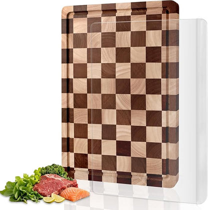 Checkered Cutting Board and Acrylic Cutting Board Set, 2 PCS Cutting Boards for Kitchen, Checkerboard Wood End Grain Chopping Board with Juice Groove & Acrylic Cooking Board with Counter Lip