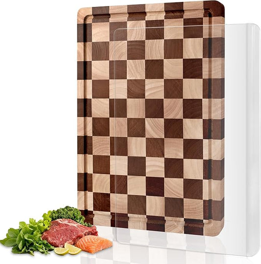 Checkered Cutting Board and Acrylic Cutting Board Set, 2 PCS Cutting Boards for Kitchen, Checkerboard Wood End Grain Chopping Board with Juice Groove & Acrylic Cooking Board with Counter Lip