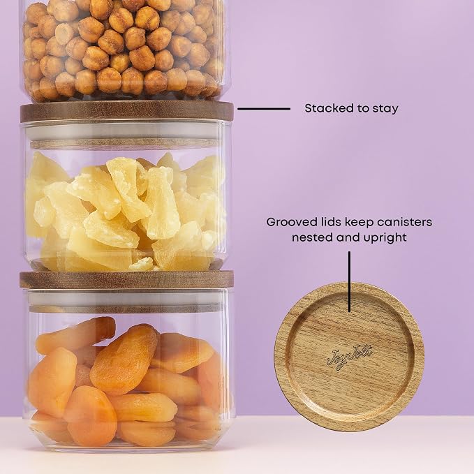 JoyJolt Holden 14oz Stackable Glass Storage Containers with Lids and Wooden Tray, Small Airtight Food Canister Set of 3 with Acacia Wood Lids, Round Clear Stacking Pantry and Kitchen Containers