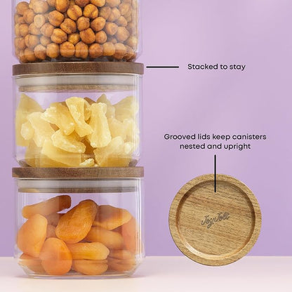JoyJolt Holden 14oz Stackable Glass Storage Containers with Lids and Wooden Tray, Small Airtight Food Canister Set of 3 with Acacia Wood Lids, Round Clear Stacking Pantry and Kitchen Containers