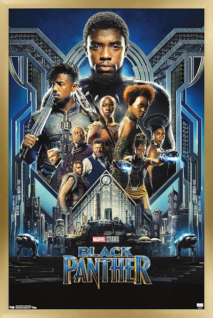 Trends International Marvel Cinematic Universe - Black Panther - Group One Sheet Wall Poster, 14.725" x 22.375", Gold Framed Version
