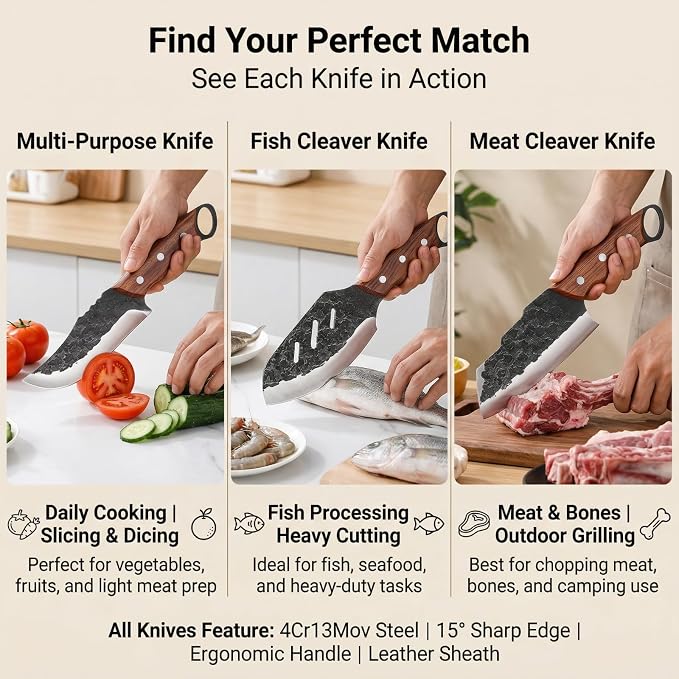 KOFERY Hand Forged Serbian Chef Knife and Viking Butcher Cleaver in 4Cr13MoV Steel with Full Tang Rosewood Handle for Camp & BBQ Butchering with Leather Sheath and Sharpener