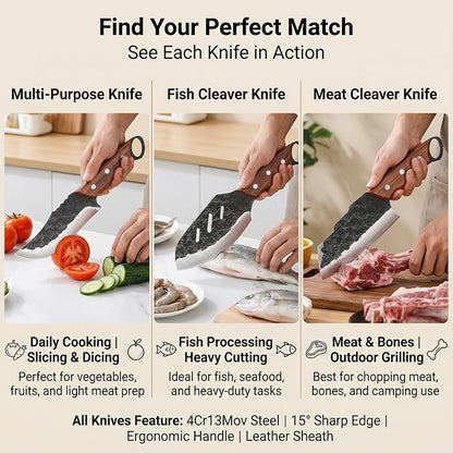KOFERY Hand Forged Serbian Butcher Knife with Full Tang 4Cr13MoV Steel, Viking Meat Cleaver for Butchering, Camp Cooking and BBQ, Includes Leather Sheath & Pocket Sharpener