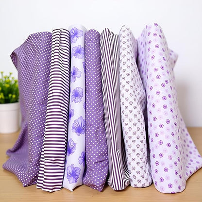 7Pcs Square Shape, Flower, Striped, Polka Dot Cotton Fabric Fabric for Sewing, 25x25cm Cotton Fabric Flower Polka Dot Bundle DIY Patchwork Quilt Cloth,Craft and Hobby Fabric (Purple)