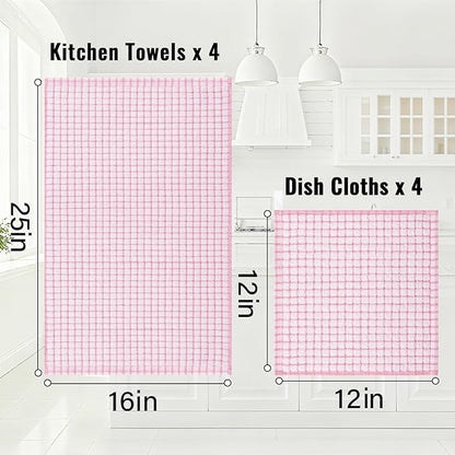Homaxy Kitchen Towels and Dishcloths Set, 16 x 25 and 12 x 12 Inches, Set of 16 Cotton Terry Kitchen Dish Towels, Super Soft and Absorbent Dish Cloths, Blue/Pink/Red/Brown