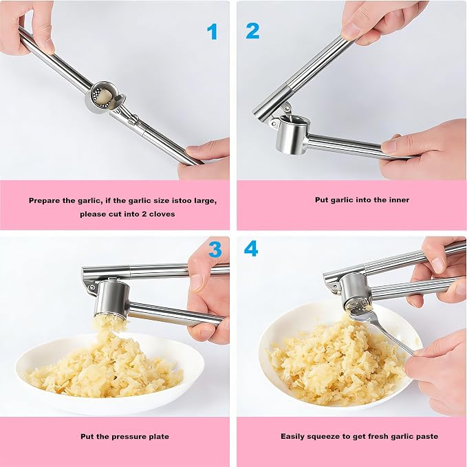 Stainless Steel Garlic Press and Mincer Set, Heavy Duty Garlic Crusher with Ergonomic Handle Rustproof Easy Squeeze Garlic Press Stainless Steel Professional Garlic Mincer Tool for Kitchen Use