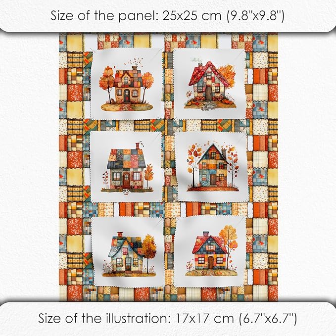 Cozy Autumn Patchwork House Fabric Panel – Six 10×10 inch Designs + Bonus 29.5×19.6 inch Patchwork Sheet, 100% Turkish Cotton 140 GSM