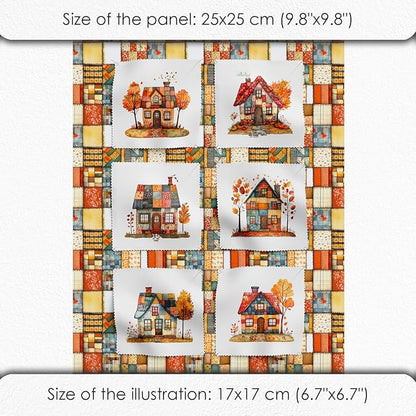 Cozy Autumn Patchwork House Fabric Panel – Six 10×10 inch Designs + Bonus 29.5×19.6 inch Patchwork Sheet, 100% Turkish Cotton 140 GSM