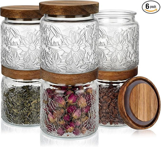Suclain 6 Pcs 17 OZ Vintage Glass Jar with Acacia Wood Lids Airtight Glass Storage Canisters Kitchen Spice Jars Food Storage Containers for Pantry Coffee Grains Tea Sugar Flour(Morning Glory)