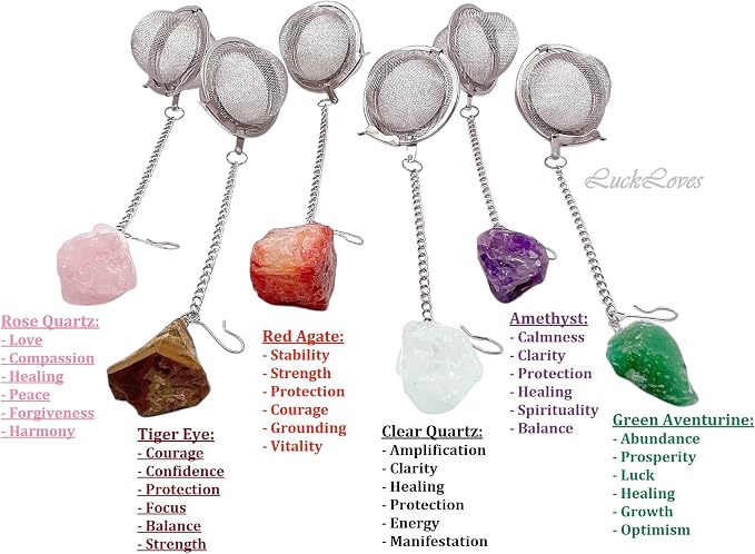 Crystal Tea Infuser, Raw Amethyst Rose Quartz Green Aventurine Tiger Eye Red Agate Tea Strainer, Tea Steeper Gemstone Gift for Tea Lovers, LuckLoves (Green Aventurine)
