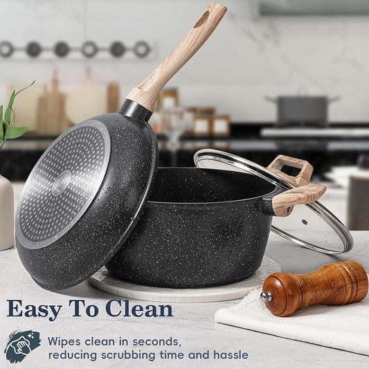 SODAY 12 Pcs Pots and Pans Set Non Stick, Cookware Sets Black Granite Induction Cookware, Non-toxic Healthy Nonstick Kitchen Cooking Set with Frying Pans Set, Saucepans (PFAS/ PFOA/ PFOS Free)