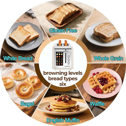 2 Slice Touch Screen Toaster Stainless Steel Wide Slots with Digital Touchscreen, Reheat & Defrost, Even Toasting for Family Breakfast Bagel & Bread, Easy Removable Crumb Tray, Cream Color