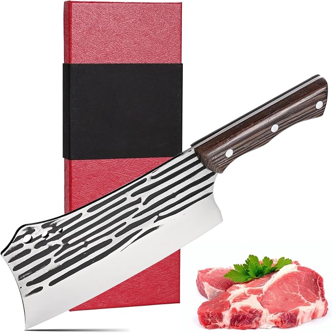 Forged Kitchen Knife - Chef & Butcher Knife for Meat Cutting & Slicing, Serbian Design, Wood Handle, Gift Packaging