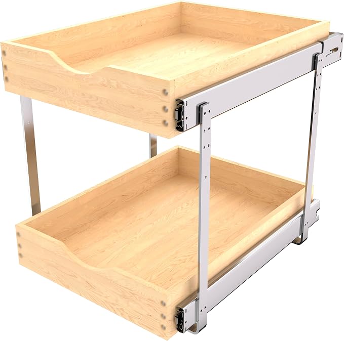 JOWBOOW 2 Tier Pull Out Cabinet Organizer 11" W x 22" D, Solid Wood Sliding Shelves for Small Kitchen Cabinets, Spices & Baking Supply Storage, Easy Install U-Bracket, 100lb Capacity