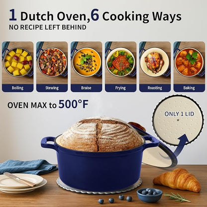 Enameled Cast Iron Dutch Oven with Lid&Silicone Grip, Round Casserole Pot for Bread Baking, Braising, Roasting,Stews,Heavy-Duty Baking Pan,Oven Safe, Induction Compatible (4.7QT,Indigo)
