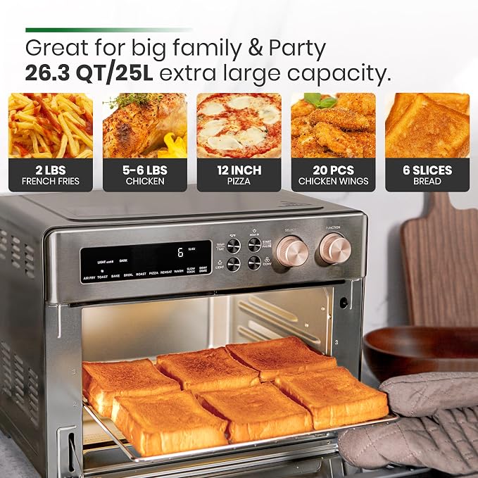 VAL CUCINA Infrared Heating 26.3 QT Air Fryer Toaster Oven, Large Countertop Convection Oven 10-in-1 Combo, 6-Slice Toast, Enamel Baking Pan Easy Clean with Recipe Book, Black Matte Stainless Steel
