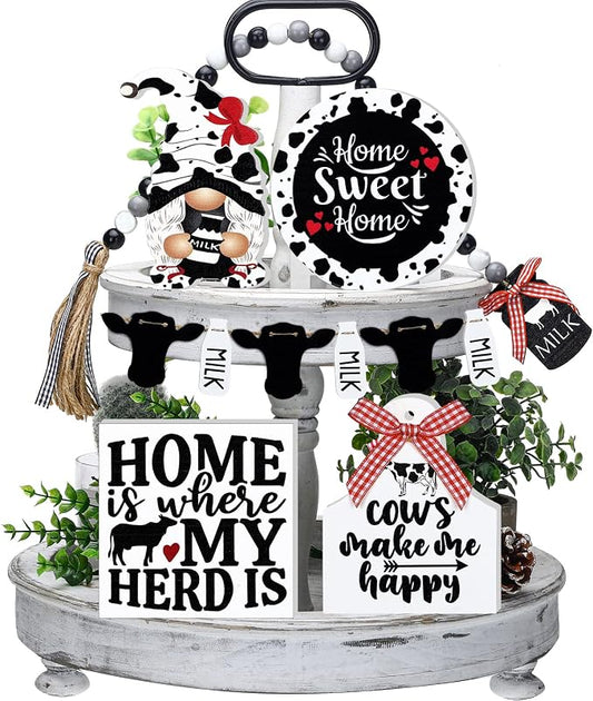 Yulejo 6 Pcs Farmhouse Tiered Tray Decor Bundle - Rustic Farmhouse Mini Rolling Pins & Beaded Garland - Home Kitchen Shelf (Cow Style)