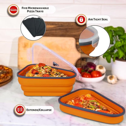 PIZZA PACK The Perfect Reusable Pizza Storage Container with 5 Microwavable Serving Trays - BPA-Free Adjustable Pizza Slice Container to Organize & Save Space, Orange