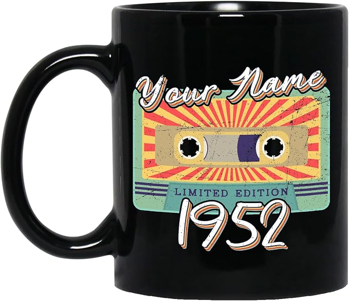 Personalized Vintage Cassette Tape Vintage 1952 Mug, Custom Your Name, 1952 Retro Coffee Mug, 70th Birthday Present Gifts, 1952 Birthday Gift For Friends Family, Customizable Black Tea Cups