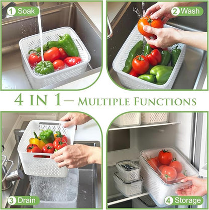 CAPHONT Fruit Containers for Fridge 6 Pcs 2-in-1 Large Fridge Food Storage Container Set with Lids with Strainer 6 Size Clear Vegetable Storage Containers Keep Fruits, Vegetables, Meat Fresh Longer