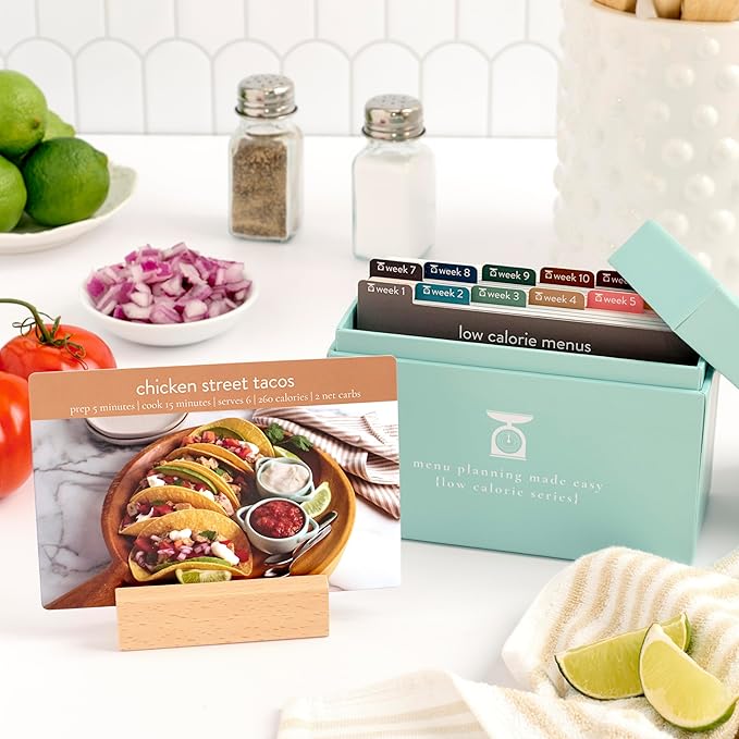 Meal Planner 72 Recipe Cards (Low Calorie Menu Pack - Photo Edition) - Weekly Menu Planner | Sturdy Recipe Box | 12 Reusable Grocery Lists | 5 Blank Recipe Cards | Recipe Card Protector | Recipe Ideas