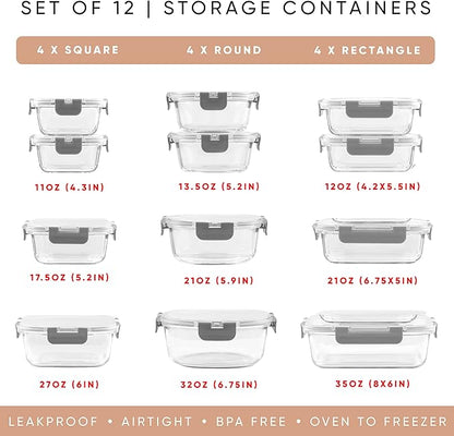 JoyJolt 24pc Borosilicate Glass Storage Containers with Lids | 12 Airtight/Freezer Safe Food Storage Containers for Pantry and Kitchen | Meal Prep Container for Lunch | Glass Tupperware Set