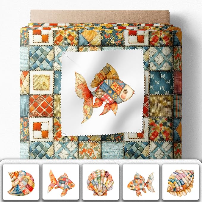 Patchwork Fish Cotton Fabric Panel – 6 Designs (10×10 inch Each) + Bonus Sheet 29.5×19.6 inch, 100% Cotton 140 GSM, Made in Türkiye
