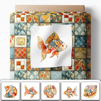 Patchwork Fish Cotton Fabric Panel – 6 Designs (10×10 inch Each) + Bonus Sheet 29.5×19.6 inch, 100% Cotton 140 GSM, Made in Türkiye