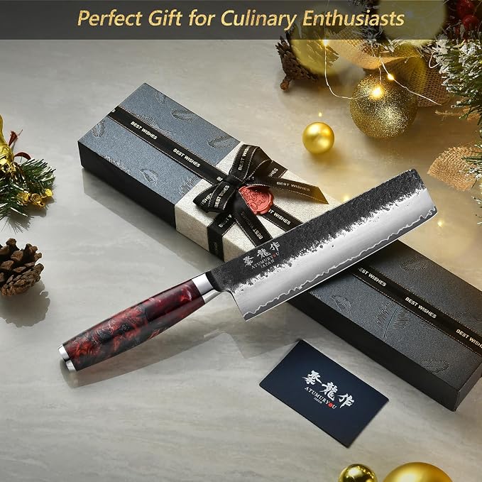Japanese Nakiri Knife, 7 Inch Hand Forged Chef Knives with VG10 Steel, Professional Kitchen Knives, Ultra Sharp Vegetables Knife with Ergonomic Red Handle, Cooking Gifts for Men and Women