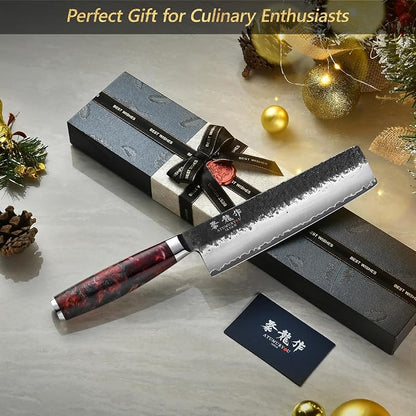 Japanese Nakiri Knife, 7 Inch Hand Forged Chef Knives with VG10 Steel, Professional Kitchen Knives, Ultra Sharp Vegetables Knife with Ergonomic Red Handle, Cooking Gifts for Men and Women