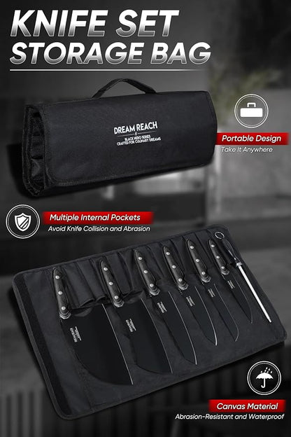 Dream Reach Chef Knife Set - 6PCS Hand Forged Black Butcher Knife Set for Meat Cutting, Serbian Cleavers with A Roll Bag for Kitchen Camping BBQ Outdoor, Birthday Mother Father Gift Idea