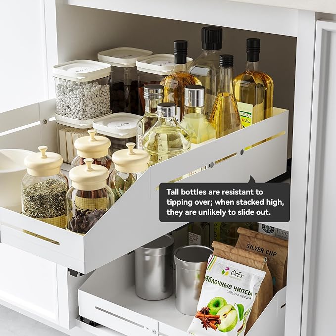 Pull out Cabinet Organizer Raised Side Walls for Safer Storage - Zero-Drill Installation, 4-Way Expansion, Modern Design for Kitchen & Pantry Depth (15.8"-23") & Width (12.5"-21.45")